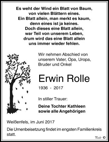 Traueranzeige von Erwin Rolle von Mitteldeutsche Zeitung Weißenfels