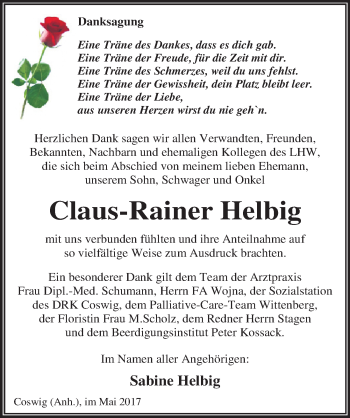 Traueranzeige von Claus-Rainer Helbig von Mitteldeutsche Zeitung Wittenberg