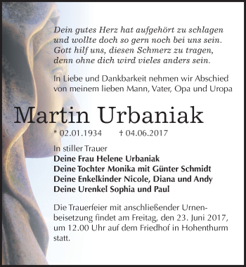 Traueranzeige von Martin Urbaniak von Mitteldeutsche Zeitung Halle/Saalkreis