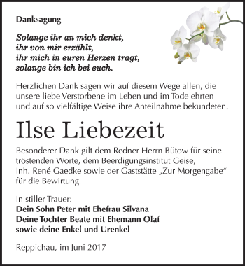 Traueranzeige von Ilse Liebezeit von Mitteldeutsche Zeitung Köthen