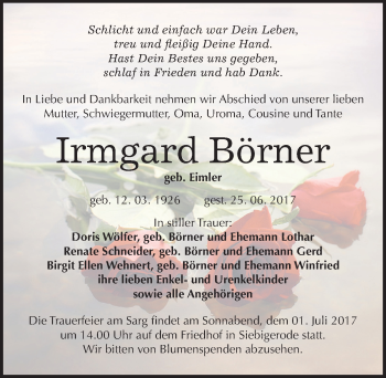 Traueranzeige von Irmgard Börner von Mitteldeutsche Zeitung Mansfelder Land