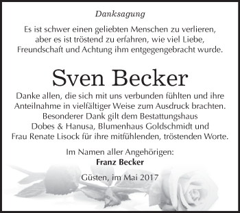 Traueranzeige von Sven Becker von Super Sonntag Bernburg