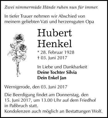 Traueranzeige von Hubert Henkel von Mitteldeutsche Zeitung Sangerhausen