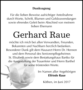 Traueranzeige von Gerhard Raue von Mitteldeutsche Zeitung Köthen