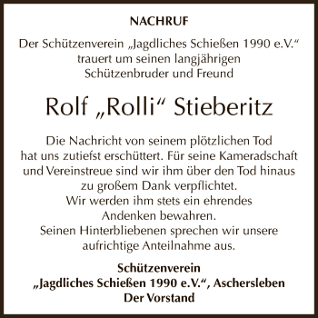 Traueranzeige von Rolf Stieberitz von Super Sonntag Aschersleben