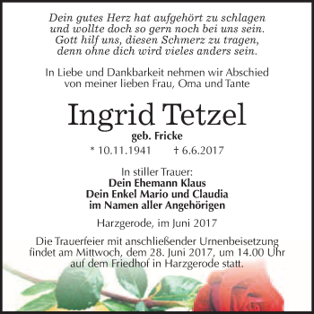 Traueranzeige von Ingrid Tetzel von WVG - Wochenspiegel Quedlinburg