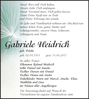 Traueranzeige von Gabriele Heidrich von WVG - Wochenspiegel Wittenberg
