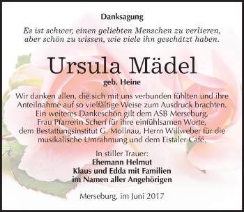 Traueranzeige von Ursula Mädel von Mitteldeutsche Zeitung Merseburg/Querfurt