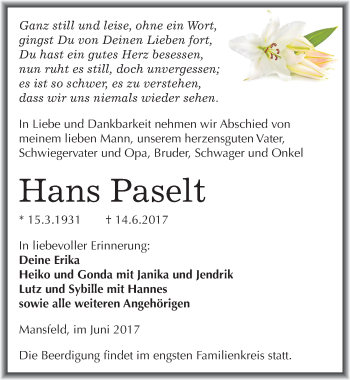 Traueranzeige von Hans Paselt von Mitteldeutsche Zeitung Mansfelder Land