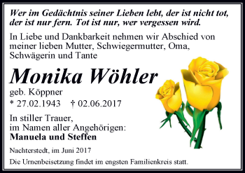 Traueranzeige von Monika Wähler von Mitteldeutsche Zeitung Aschersleben