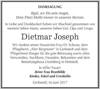 Traueranzeige von Dietmar Joseph von Wochenspiegel Mansfelder Land