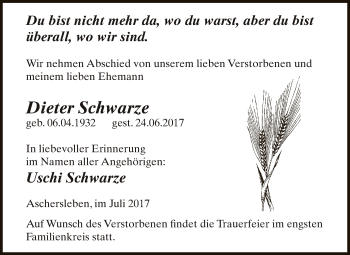 Traueranzeige von Dieter Schwarze von Super Sonntag Aschersleben