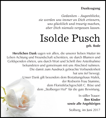 Traueranzeige von Isolde Pusch von Super Sonntag SGH Mansf. Land