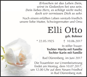 Traueranzeige von Elli Otto von Super Sonntag Merseburg