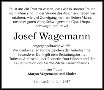 Traueranzeige von Josef Wagemann von Mitteldeutsche Zeitung Halle/Saalkreis