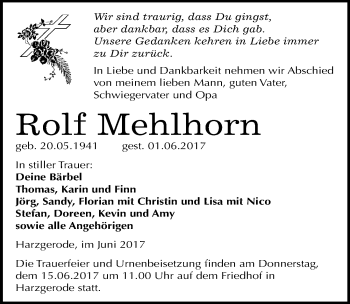 Traueranzeige von Rolf Mehlhorn von Mitteldeutsche Zeitung Quedlinburg