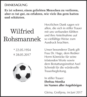 Traueranzeige von Wilfried Rohsmannek von WVG - Wochenspiegel NMB / WSF / ZTZ