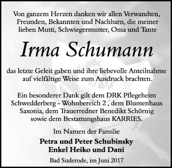 Traueranzeige von Irma Schumann von Mitteldeutsche Zeitung Quedlinburg