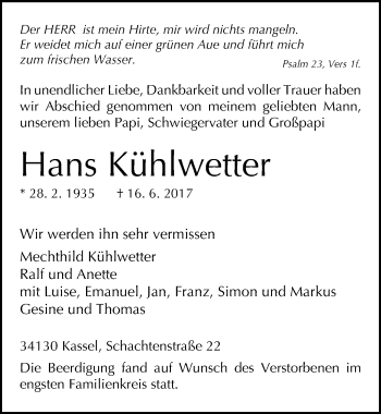 Traueranzeige von Hans Kühlwetter von Mitteldeutsche Zeitung Dessau-Roßlau