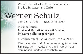 Traueranzeige von Werner Schulz von Mitteldeutsche Zeitung Merseburg/Querfurt