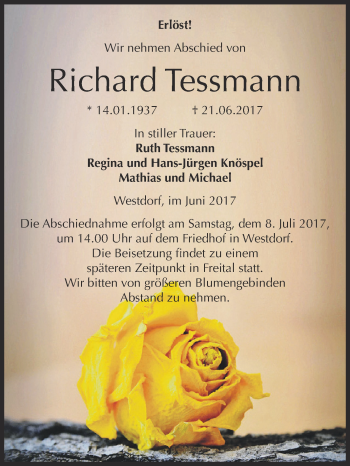 Traueranzeige von Richard Tessmann von Super Sonntag Aschersleben
