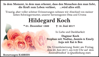 Traueranzeige von Hildegard Koch von Mitteldeutsche Zeitung Quedlinburg