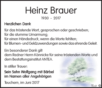 Traueranzeige von Heinz Brauer von Mitteldeutsche Zeitung Weißenfels
