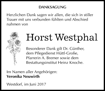 Traueranzeige von Horst Westphal von Mitteldeutsche Zeitung Aschersleben