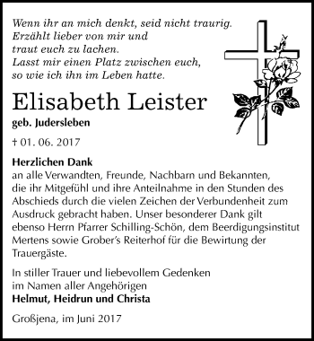 Traueranzeige von Elisabeth Leister von Mitteldeutsche Zeitung Naumburg/Nebra