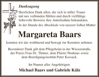 Traueranzeige von Margareta Baars von WVG - Wochenspiegel Dessau / Köthen