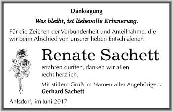 Traueranzeige von Renate Sachett von Mitteldeutsche Zeitung Mansfelder Land