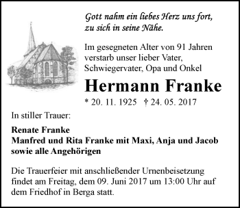 Traueranzeige von Hermann Franke von Mitteldeutsche Zeitung Sangerhausen
