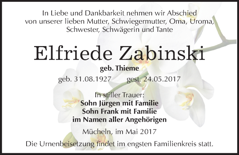  Traueranzeige für Elfriede Zabinski vom 03.06.2017 aus Mitteldeutsche Zeitung Merseburg/Querfurt