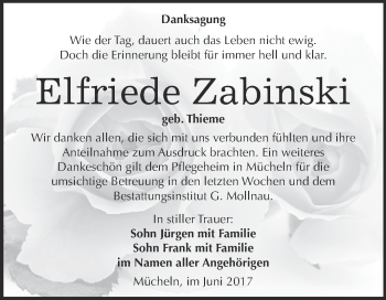 Traueranzeige von Elfriede Zabinski von WVG - Wochenspiegel Merseburg