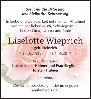 Traueranzeige von Liselotte Wieprich von Mitteldeutsche Zeitung Naumburg/Nebra