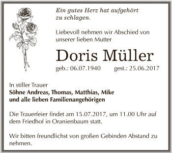 Traueranzeige von Doris Müller von WVG - Wochenspiegel Dessau / Köthen