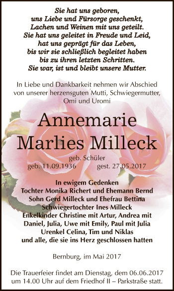 Traueranzeige von Annemarie Marlies Milleck von Super Sonntag Bernburg
