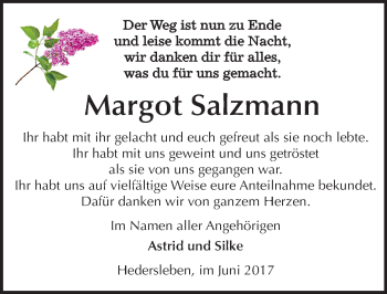 Traueranzeige von Margot Salzmann von Mitteldeutsche Zeitung Quedlinburg