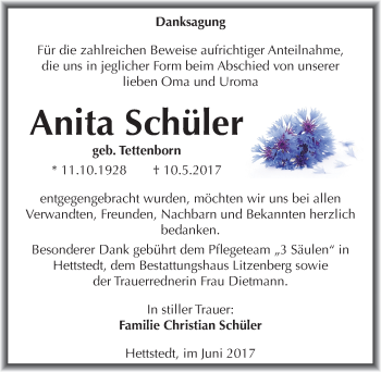 Traueranzeige von Anita Schüler von Mitteldeutsche Zeitung Mansfelder Land
