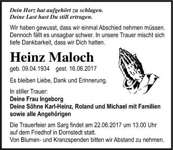 Traueranzeige von Heinz Maloch von Mitteldeutsche Zeitung Halle/Saalkreis