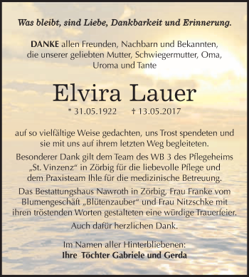 Traueranzeige von Elvira Lauer von WVG - Wochenspiegel Bitterfeld
