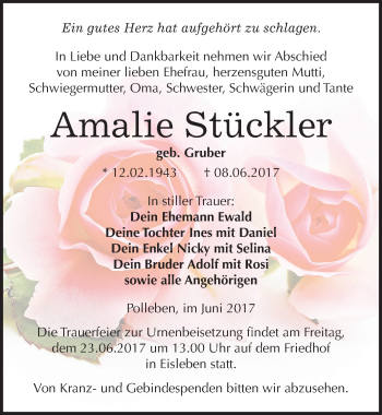 Traueranzeige von Amalie Stückler von Mitteldeutsche Zeitung Mansfelder Land