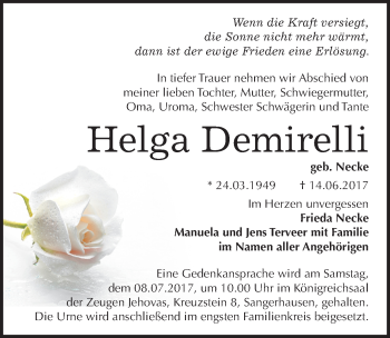 Traueranzeige von Helga Demirelli von Mitteldeutsche Zeitung Sangerhausen