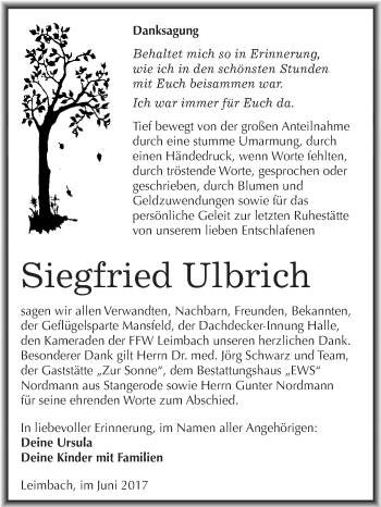 Traueranzeige von Siegfried Ulbrich von Super Sonntag SGH Mansf. Land