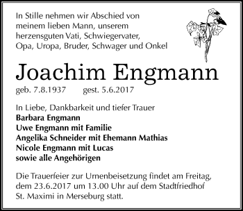 Traueranzeige von Joachim Engmann von Mitteldeutsche Zeitung Merseburg/Querfurt