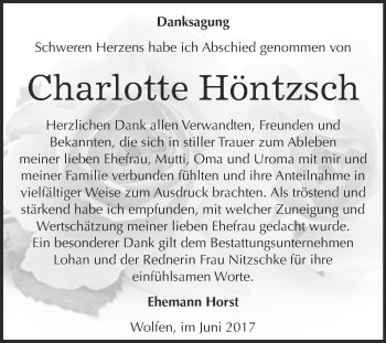 Traueranzeige von Charlotte Höntzsch von WVG - Wochenspiegel Bitterfeld