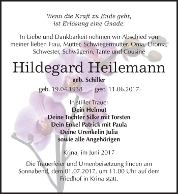 Traueranzeige von Hildegard Heilemann von Mitteldeutsche Zeitung Bitterfeld