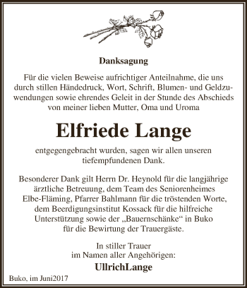 Traueranzeige von Elfriede Lange von WVG - Wochenspiegel Dessau / Köthen