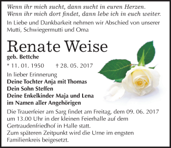 Traueranzeige von Renate Weise von Mitteldeutsche Zeitung Halle/Saalkreis