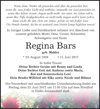 Traueranzeige von Regina Bars von Mitteldeutsche Zeitung Halle/Saalkreis